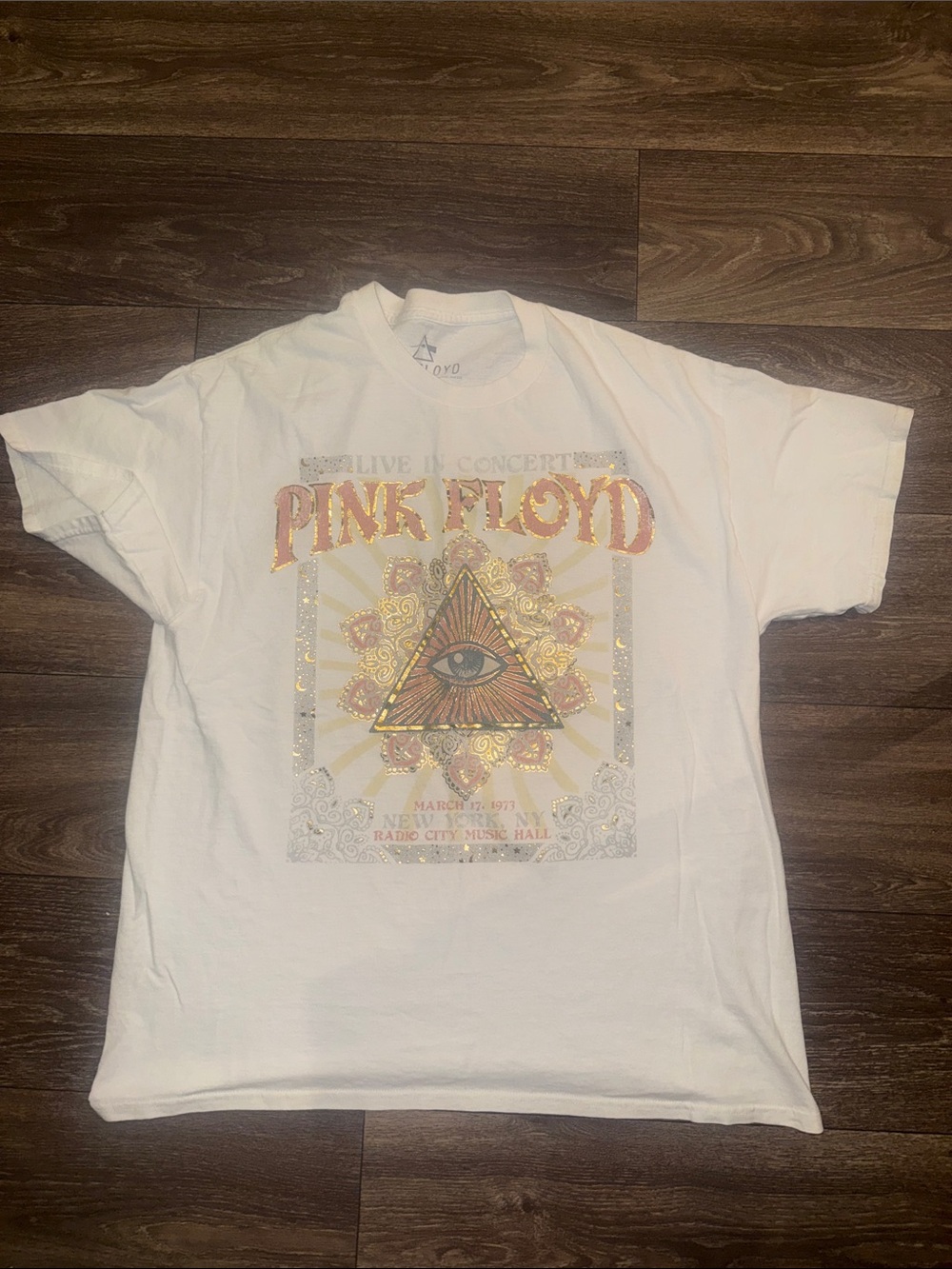 Pink Floyd White Tee with Gold & Pink Metallic Pyramid Graphic